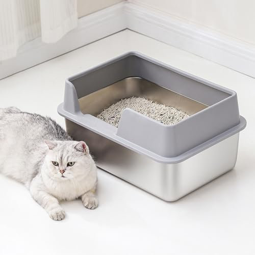 Bandeja de Grande de Acero Inoxidable, Caja de de Metal XL con Tapa a Prueba de Salpicaduras y Pala para Todos los Gatos, Fácil de Limpiar, No Pegajosa (Gris Grande)