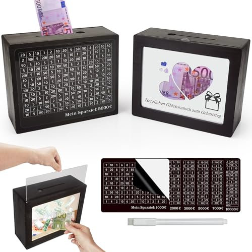 WIERAEM Spardose Holz mit Ziele Zahlen Ankreuzen GroßE Erwachsene Sparbox Fotorahmen auf der Rückseite Doppelfunktion 1,000 2,000 3,000 5,000 7,000 10,000 Schwarz