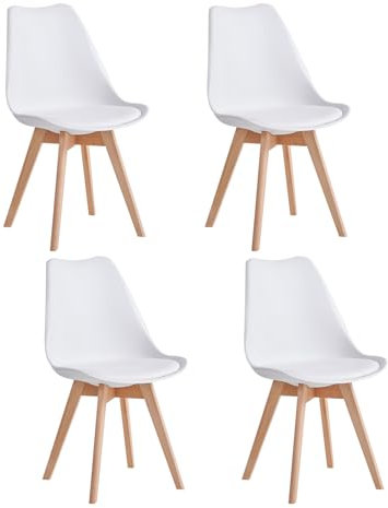 JZGORC 4er-Set Esszimmerstühle, nordische Küchenstühle, Bürostühle mit Beinen aus massiver Buche für Schlafzimmer, Wohnzimmer, Küche – Weiß