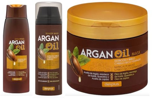 Pack 3 – Arganöl – Shampoo 400 ml + Maske im Glas 400 ml + Maske ohne Ausspülen 150 ml – Packung 3 Deliplus