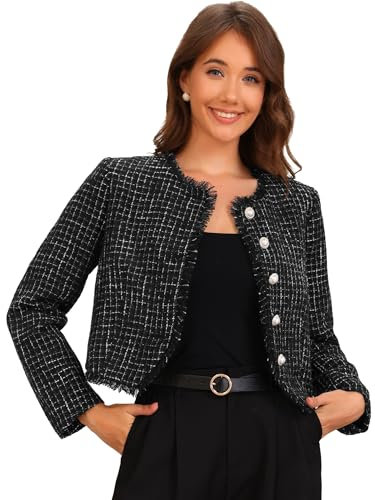 Allegra K Veste en Tweed à Carreaux Femme Col Rond Blazer Courte Boutonnée Veste d'hiver Chaude Élégante Noir L