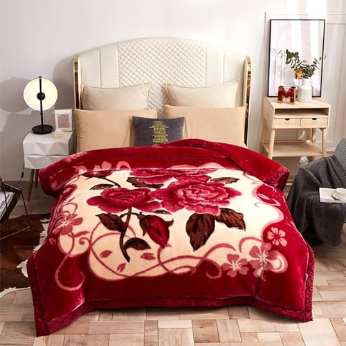 MODUSKYE Schwere koreanische Nerzdecke, 3,5 kg, üppige Blume, Dicke Winterdecke, 198,1 x 228,6 cm, Queen-Size-Plüsch, doppellagig, weich, gewichtete Decken für Bett, Hot Hibiskus + Cremefarben
