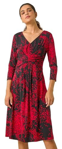 Roman Originals Fit and Flare Dress for Women Ladies Chest Twist Knot Ruched Tea Skater Empire Waist Wedding Guest Smart Casual Swing Midi 3/4 Long Sleeve Knee Length - Red & Noir - Size 12