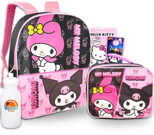 SANRIO My Melody and Kuromi - Mochila con lonchera – Paquete con mochila My Melody & Kuromi de 16 pulgadas, bolsa de almuerzo, botella de agua, calcomanías, más | Mochila Hello Kitty and Friends para