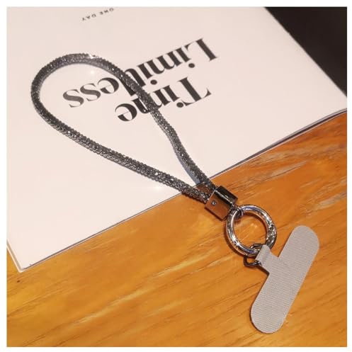 Hrlace Cordon universel pour téléphone portable - Strass - Strass - Cristal - Pour téléphone portable - Dragonne avec patch pour tous les smartphones - Court - Gris