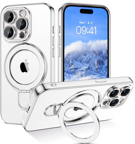BENTOBEN Magnetic Case for iPhone 15 Pro Max [Compatible with Magsafe], Invisible Ring Stand Clear Back Soft TPU Plating Edge Military Grade Protection Shockproof Cover for iPhone 15 Pro Max, Silver