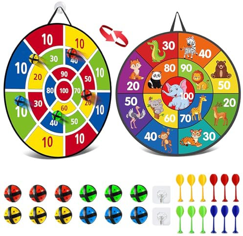 RoxNvm Dartscheibe Kinder, Klett Dartscheibe Kinder 26 inches,Doppelseitige Dartscheibe für Kinder Mit 12 klebrigen Bällen 12 Darts,Wurfspiel Kinder Dartscheibe für Outdoor Indoor Kinder Spiel Wahl