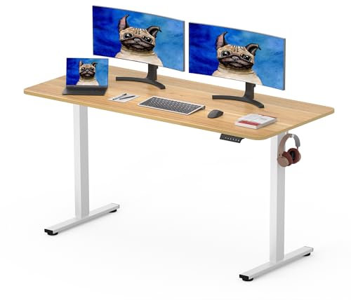 SANODESK 140 x 80cm Electric Standing Desk ONE PIECE Height Adjustable Desk Sit Stand Home Office Desk with 4 Height Memory Pre-Sets Smart Pannel and Hooks for Work (White Frame+Maple Desktop)