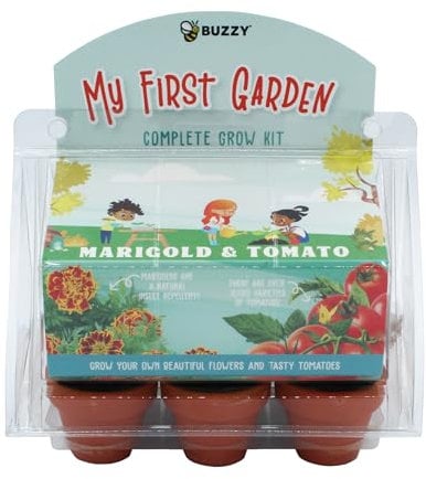 Buzzy Seeds 6 Pot Mini Greenhouse | Flower & Veggie Starter Kit for Kids & Adults | Organic Cherry Tomato & Marigold Tangerine Seeds | Guaranteed to Grow | Best Indoor Grow Your Own Plant Gardening