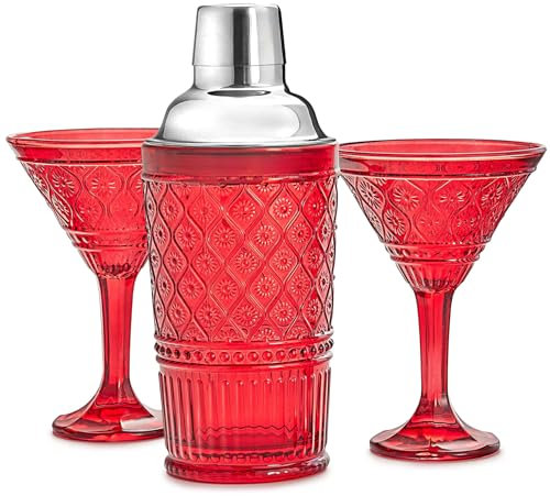 Godinger Cocktail-Shaker und Martinigläser Barzubehör-Set, Martini-Shaker und 2 Cocktailgläser-Set, Vintage-Dekor, Claro-Kollektion, Rot