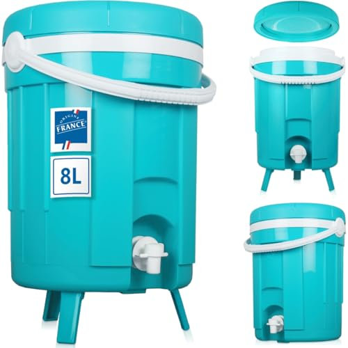 Getränkespender Getränkebehälter Thermobehälter 8L isoliert mit Zapfhahn und ausklappbaren Standfüßen für Camping Sport Freizeit (Türkis)