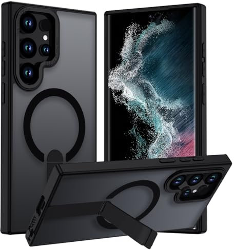 Magnetisch Hülle für Samsung Galaxy S23 Ultra/S22 Ultra 5G für Magsafe, Matt Transluzente Handyhülle mit Unsichtbarer Ständer Stoßfeste Silikon Kratzfest Rückseite Militärischer Schutzhülle, Schwarz