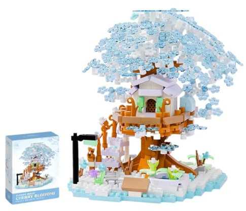 Cherry Blossom Tree Building Block Set, 690 PCS Japanese Sakura Tree House Building Kit, Flowers House Model Sets for Adults, Bonsai Home Decoration Construction Gift Toys for Kids Adults (Blue)