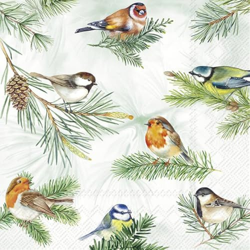 20 Servietten Tiere Vögel auf zarte Zweige als Tischdeko. Papierservietten mit Motiv. Auch für Decoupage und Serviettentechnik 33x33cm
