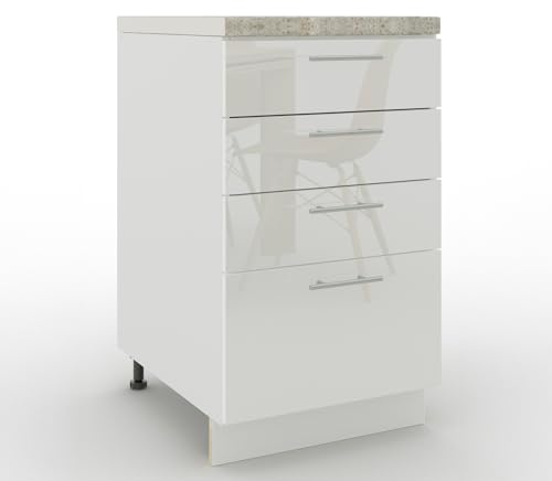 JD Greta Adjustable Kitchen Drawer Base Unit - 500mm - Drawer Cabinet with Fronts & Worktop - White Gloss