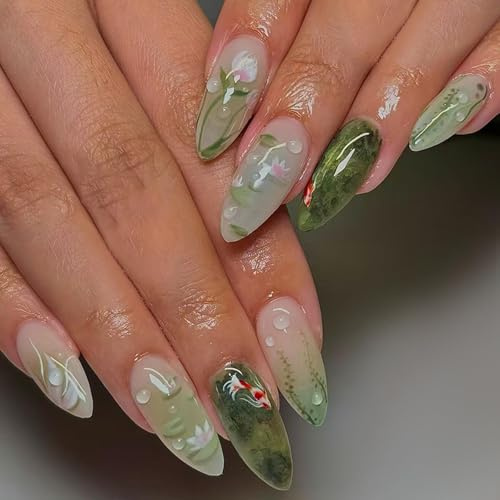 Set de faux ongles Nymora, 24 faux ongles à motifs de fleurs vertes, Press On Nails - Faux ongles autocollants, Ongles en gel doux pour salon ou DIY à la maison