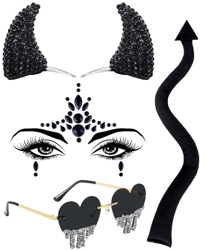 PartyforU Teufel Kostüm Damen Schwanz Teufelshörner Haarspangen Gesichtstattoo Fliege Herzbrille Faschingskostüme Karneval Damen Gothic Accessoires Set für Renaissance