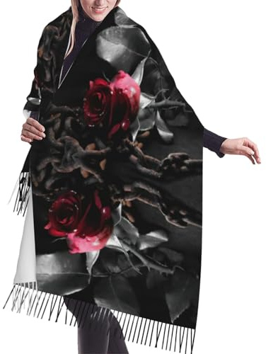 JEJEA Scialle con frange in finto cashmere con stampa gotica con rose nere, calda sciarpa invernale da donna, morbida e accogliente per il freddo