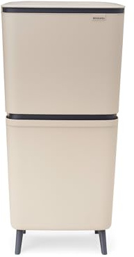 Brabantia Poubelle tri sélectif SortUp Hi 10+10+25 litres (Beige Clair), Poubelle cuisine 3 bacs amovibles, Système de tri des déchets haut et étroit pour la cuisine, couvercle à fermeture douce