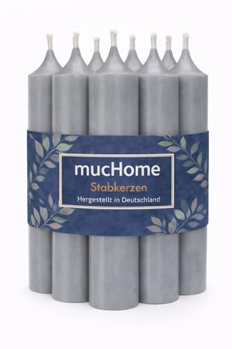 mucHome Stabkerzen 8er Set – Made in Germany – Ø 2,2 x 11 cm – durchgefärbte Premium Tafelkerzen mit ca. 4 Std. Brenndauer (Grau)