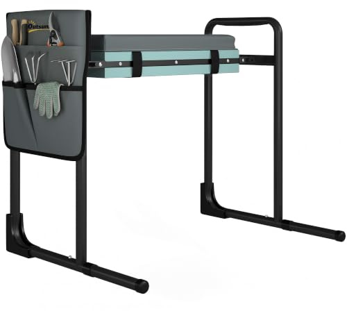 Outsunny Taburete de Jardín Plegable con Patas Extensibles Gris Oscuro | Almohadilla de Espuma EVA, Asiento de Jardín Portátil, Bolsa para Herramientas, Carga 150kg, Regalo para Jardineros Ancianos