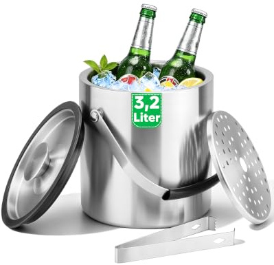 Fire More 3,2L Eiswürfelbehälter, Eiskübel Edelstahl mit Deckel, Clips und Sieb, Tragbar Eisbehälter von Bier, Champagner für Partys, Bar und Camping