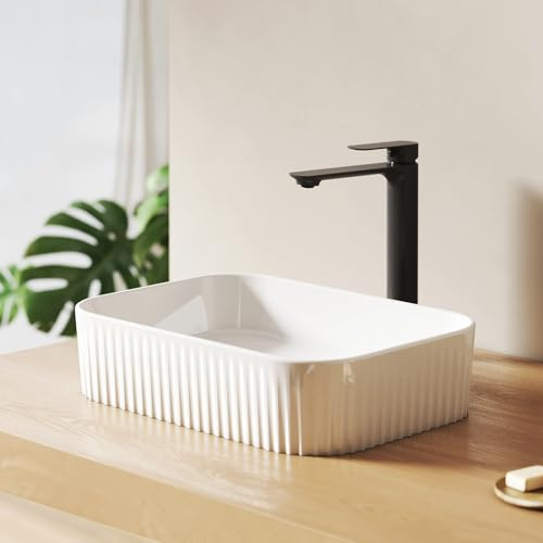 EMKE Vasque à Poser, Design Cannelé Blanc Brillant - 45 x 32 x 11 cm | Lavabo Design Moderne pour Salle de Bain et Suite Parentale - Haute Résistance - Sans Trop-Plein(Robinet Non Inclus)