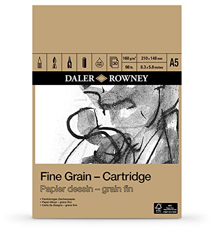 Daler-Rowney Fine Grain 160gsm A5 Cartridge Drawing Paper Pad 30 Sheets | Lightly Textured, Glued 1 Side, Acid Free, For Professional Artists & Students