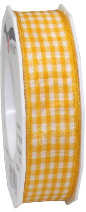 Präsent Vichy Geschenkband mit Drahtkante Sonnengelb/weiß, 20 m Dekoband zum Verzieren & Basteln, 25 mm Breite, Kariertes Band für Bunte Dekos & Geschenkverpackungen, zu feierlichen Anlässen
