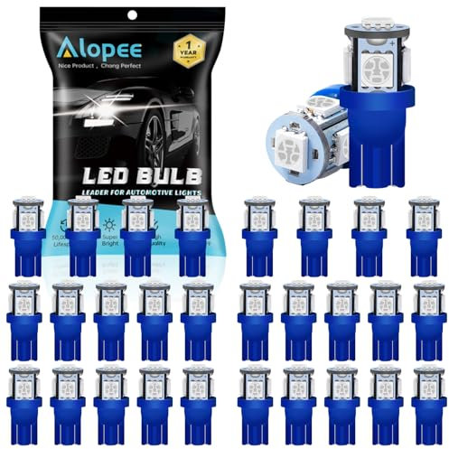 Alopee 30-Pack W5W 501 LED Bulbs Blue, 12V T10 5-SMD 5050 Chips Replacement For T10 168 2825 Map Dome Courtesy License Plate Dashboard Side Marker Light