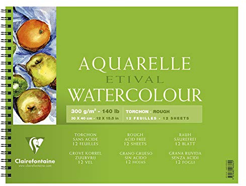 Clairefontaine 96362C - Spiralalbum / Block mit Doppelspirale Etival Aquarellpapier Torchon, 12 Blatt 300g, 30x40 cm, 100% Zellulose, Studienqualität, für Einsteiger und Hobbykünstler, Weiß, 1 Block