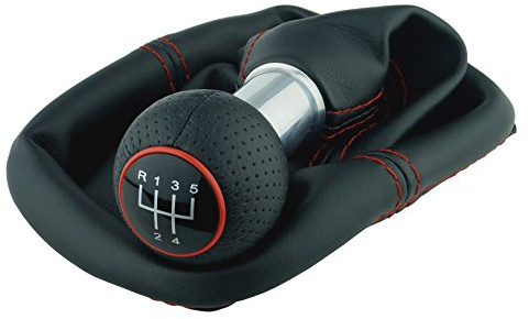 Schaltsack & Schaltknauf für VW Golf 4 IV & für Bora - 23mm - Bj. 1997 - 2006 - 5 Gang Knauf mit Rahmen - Schwarz - Rot - Schaltmanschette Schalthebel Manschette für Schaltgetriebe Schaltung A252-9