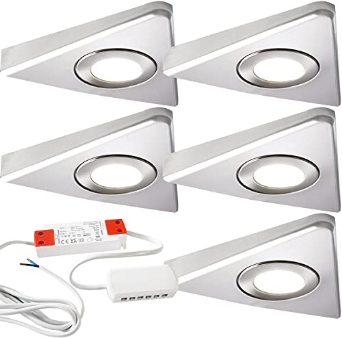 Modern Triangle Under Cabinet Kitchen Light & Driver Kit – Smooth Diffused LED – Slim Pyramid Worktop Light – Low Profile Surface Mounted (5X Light & Driver, Warm White LED, Brushed Nickel Bezel)