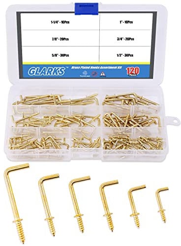 GLARKS GLLAFG-3 120 Stück 6 Größen Messing überzogene quadratische Haken Lag Thread praktische Haken zum Aufhängen Sortiment Set