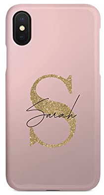 Tirita Personalised Initials Custom Hard Phone Case Compatible with iPhone X & Xs PRINTED GLITTER, NOT REAL GLITTER Fashion Stylish Monogram Gold Pink Ombre