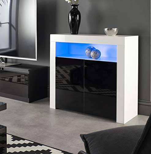 MMT Modern White Matt Gloss Buffet Sideboards Display Cabinets with LED Lights (White/Black, Medium), SIB02White/Black