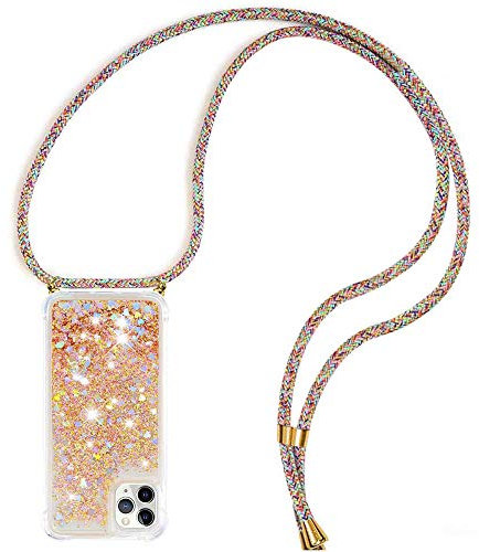 ToDo eu Schutzhülle für iPhone 11 Pro, Flüssigkeit, personalisierbar, Flüssigkeit, Pailletten, Schutzhülle, transparent, Silikon, beweglicher Sand, Bling mit Halskette, verstellbar, Handy