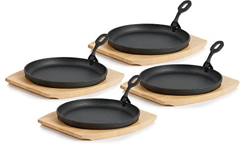 BBQ-TORO Sartén Redonda de Hierro Fundido para Servir con Base de Madera | Ø 22 cm | Curada - pre-Seasoned | Sartén de Barbacoa con Mango Extraíble | Sartén de Hierro Fundido, Paellera