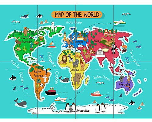 Artery8 World Map With Landmarks And Animals XL Giant Panel Poster (8 Sections)
