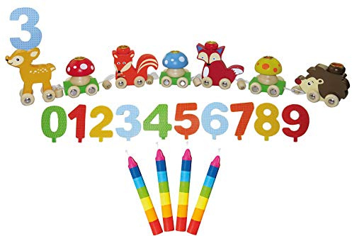 Ameisenkeks ® Set mit Inware Geburtstagszug Tiere mit Kerzenhaltern, Zahlen 0–9 & 10 bunten Kerzen – Holz Deko Geburtstagstisch – Kerzenständer Kindergeburtstag – kein Spielzeug