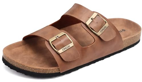 ONCAI Men's Slide Sandals with Two Adjustable Straps Cork Footbed Open Toe Khaki Size 11 UK Casual Mules Slides Non Slip Rubber sole