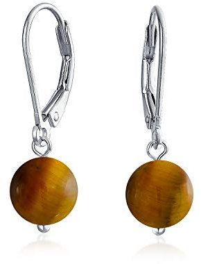 Orecchini Semplici Semplici Di Base Tondi Marroni Con Perle Occhio Di Tigre, Sfera Penzolante, Per Le Donne, Argento 925