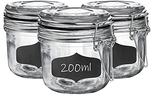 Argon Tableware Frascos de Vidrio de Almacenamiento con Tapa hermética Clip y Pizarra Pegatinas - Set 200ml - Sello Negro - Paquete de 6