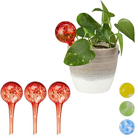 Relaxdays 4 x Bewässerungskugel im Set, dosierte Bewässerung Pflanzen u. Blumen, Gießhilfe Büro, Urlaub, Ø 6 cm, Glas, rot