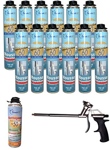 Dstock60 - Ensemble de 12 mousses expansives 750 Ml - 1 Pistolet - 1 Nettoyant mousse - Mousse polyuréthane professionnelle - Isole, colle et rebouche - Mousse pistolable - Extérieur et intérieur -