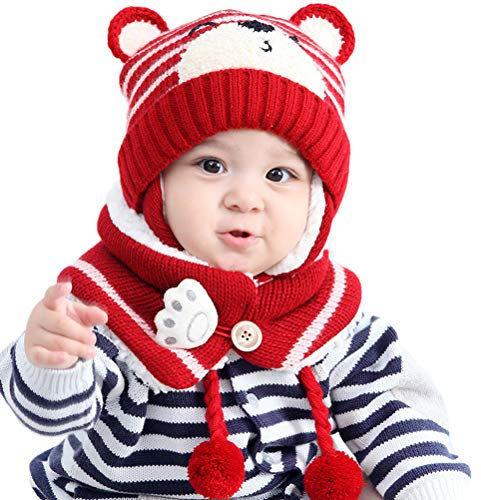 Stecto Winter Baby Hüte, Baby Earflap Beanie Mütze mit Schal, Kleinkind Winter Warme Mütze Nackenwärmer, Niedlich Strickmütze Schal Set Unisex Neugeborene Todders