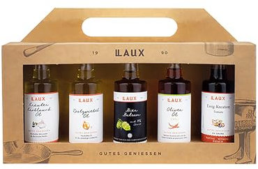 LAUX Essig & Öl BBQ Geschenkset für Frauen und Männer – 5x40ml Chiliöl, Kräuter-Knoblauchöl, Balsamico & BBQ-Essig – Feinkost Geschenkbox Grill & Küche