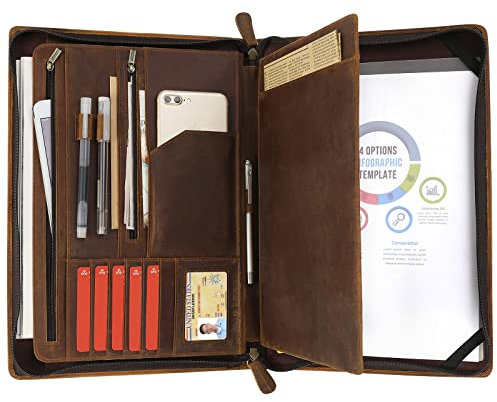 Ringsun RS118-8 Ledermappe für Damen und Herren, Leder-Padfolio, Business-Planer und Notizbuch-Organizer mit Reißverschluss, Leder-Organizer mit Griff, Braun