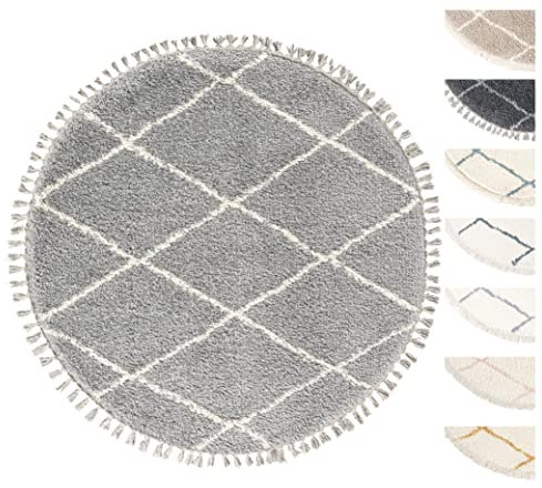 Wohnzimmer Shaggy Teppich Ø120 cm Silber Diamantmuster, Super Soft Moderner Hochflor Teppich