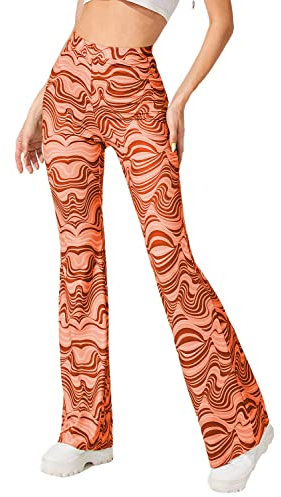 EVELUST Festival Flare Hosen Für Damen - 70er Jahre Outfit Hippie Kleidung Flower High Waist Breite Bein Flair Leggings Rave Disco Kostüm Palazzo Schlaghose Sommer Bell Bottom(Orange, L, 1040w)